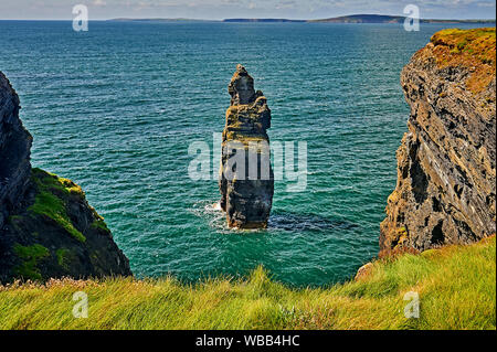 Stack di mare a Bromore Cliffs, nella contea di Kerry, Repubblica di Irlanda sono il risultato di secoli di erosione costiera dall'Oceano Atlantico. Foto Stock