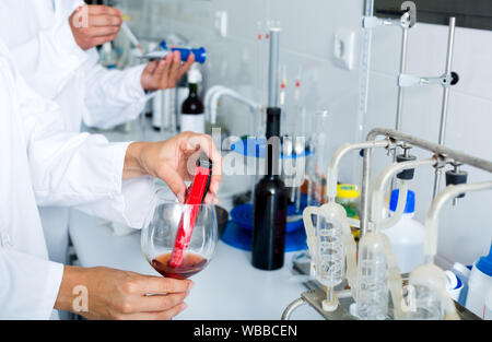 Vista sul vino che è controllato sul componente saturazione in laboratorio sulla fabbrica di cantina Foto Stock