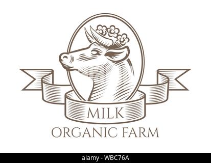Vacca logo incisione. Incisione schizzo vintage mucche segno di testa isolata su sfondo bianco per il latte o i prodotti lattiero-caseari, illustrazione vettoriale Illustrazione Vettoriale