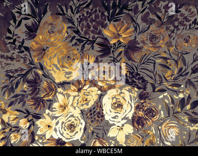 Espressivo floreali ad acquarello dipinto. Pittura Originale digital print.Distressed rustico carta stratificata. Vintage grungy vecchia carta. Una pittura astratta. Foto Stock