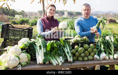 Paio di giardinieri professionali in piedi con il raccolto di ortaggi in giardino Foto Stock