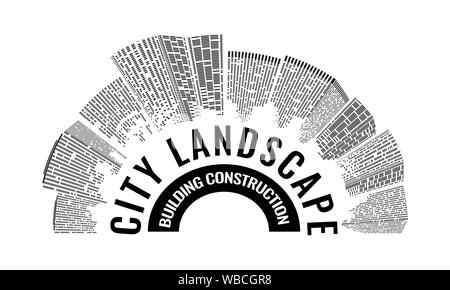 Abstract città futuristica logo. Simbolo del paesaggio urbano di edifici costruiti con puntini, Sci-fi architettura skyline. Illustrazione Vettoriale. Illustrazione Vettoriale