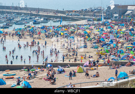 Lyme Regis, Dorset, Regno Unito. 26 Ago, 2019. Meteo REGNO UNITO: folle di beachgoers gregge al mare del resort di Lyme Regis a crogiolarvi al sole un altro giorno di caldo torrido sole e registrare la rottura tenperatures. La spiaggia è ricca di nuovo come il vertiginoso aumento delle temperature sono impostati per rendere questo più calde di ferragosto poiché i record ha iniziato a. Credito: Celia McMahon/Alamy Live News Foto Stock