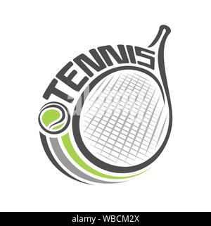 Illustrazione Vettoriale del logo per la racchetta di tennis su prato, costituito da isolati racchetta da tennis con palla verde closeup su sfondo bianco. Illustrazione Vettoriale