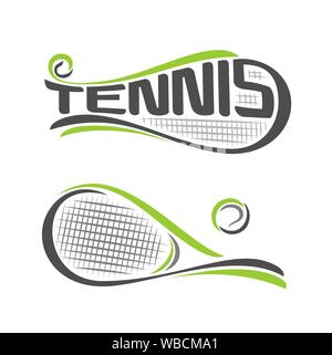 Illustrazione Vettoriale del logo per Racchette di tennis su prato, costituito da isolati racchette da tennis con palla verde closeup su sfondo bianco Illustrazione Vettoriale