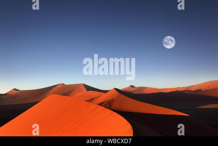 Red dune di sabbia con la luna piena, Sossusvlei, Namibia Foto Stock