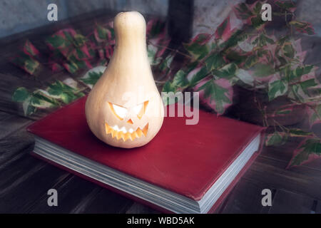 Zucca di Halloween sul libro rosso con la sfocatura dello sfondo. Jack o lantern Foto Stock