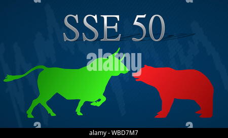 Illustrazione di un elemento di distanziamento tra il mercato dei tori e orsi in Cina indice del mercato azionario SSE 50 di Shanghai Stock Exchange. Un verde bull versus... Foto Stock