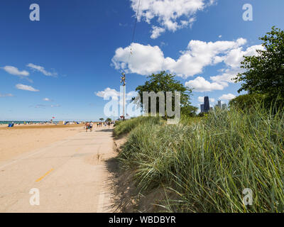 Erba dune coperte e North Avenue Beach, Chicago, Illinois. Foto Stock