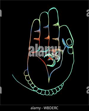 Il braccio di shiva con ohm. Illustrazione al neon di mani e rudraksh Illustrazione Vettoriale