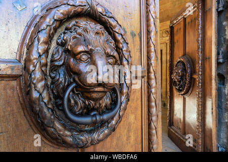 In legno porta ingresso con lion , Hotel de Ville, Aix en Provence , France Foto Stock