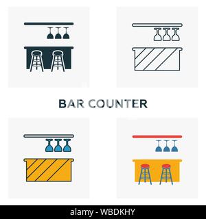 Bancone Bar icon set. Quattro elementi in diversi stili dal bar e ristorante raccolta di icone. Creative bar icone contatore riempito, contorno, colorati Illustrazione Vettoriale