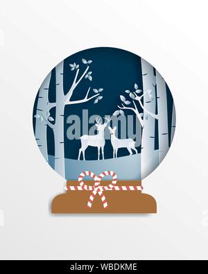 Il cervo giovane nella foresta in carta tagliata stile. Paesaggio invernale con campo di neve a Natale e durante la stagione invernale. Illustrazione Vettoriale design, poster, striscioni, Illustrazione Vettoriale