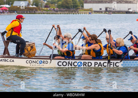 Womens team tornando al dock dopo aver terminato il loro calore al 2019 Steveston Dragon Boat Festival in British Columbia Canada Foto Stock