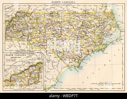 Mappa di North Carolina, 1870s. Litografia a colori Foto Stock