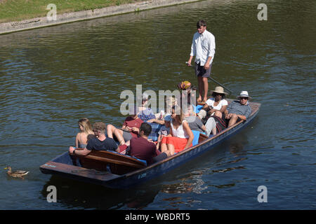 Con un record di rottura a Ferragosto temperature i visitatori a Cambridge godetevi il tempo gustando il fiume Cam in barche e sterline. Cambridge Foto Stock