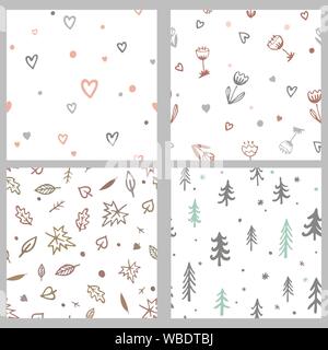 Set di vettore con graziosi doodle seamless pattern. Cartoon disegnati a mano foglie, alberi, fiori e cuori. Semplice ma gli sfondi trendy Illustrazione Vettoriale