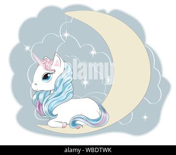 Magic white unicorn sulla luna con una criniera e una coda e gli occhi blu, bugie. Può essere utilizzato per t-shirt stampa, usura kids fashion design, baby doccia inv Illustrazione Vettoriale