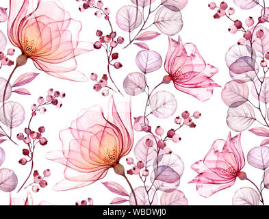 Rosa trasparente acquerello seamless pattern. Disegnato a mano illustrazione floreale con bacche di rosa per il design di nozze, superficie, tessili, carta da parati Foto Stock