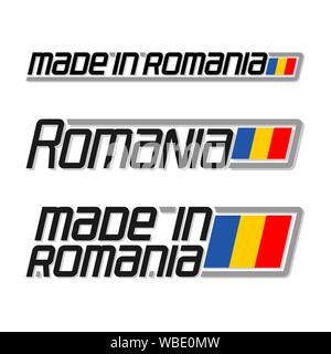 Illustrazione Vettoriale del logo per 'made in Romania", costituito da tre bandiere isolato di disegni con la nazionale rumena flag di stato e testo della Romania Illustrazione Vettoriale