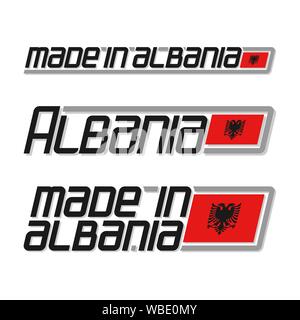 Illustrazione Vettoriale del logo per 'made in Albania", costituito da tre bandiere isolato di disegni con la nazionale albanese flag di stato e testo Albania su w Illustrazione Vettoriale