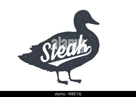 L'anatra. Lettering, la tipografia. Silhouette di anatra e scritte bistecca Illustrazione Vettoriale