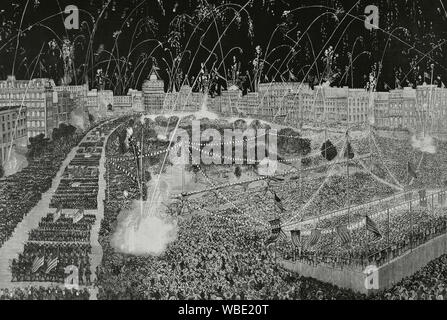 Stati Uniti, New York. Primo centenario dell'indipendenza americana. Civic-processione militare ("La processione aux flambeaux") la notte di luglio 3-4, 1876, in Union Square. Incisione. La Ilustracion Española y Americana, 22 agosto 1876. Foto Stock