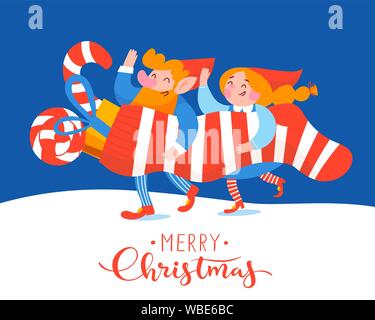 Scheda di Natale con simpatici personaggi elf tenendo una calza con doni e dolciumi Illustrazione Vettoriale
