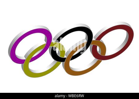 Colori diversi anelli olimpici 3D. Giochi olimpici concetto. Illustrazione Vettoriale. EPS 10, Illustrazione Vettoriale