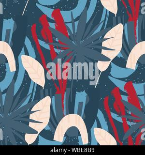 Floral seamless pattern. Abstract illustrazione vettoriale con hawai botanico di foglie di palma. Piatto e disegnati a mano inchiostro spazzola arte testurizzata con sfondo tropicale. Illustrazione Vettoriale