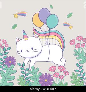 Carino caticorn con decorazioni floreali e palloncini elio illustrazione vettoriale design Illustrazione Vettoriale