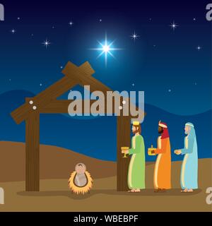 Celebrazione Merry Christmas manger design piatto Illustrazione Vettoriale