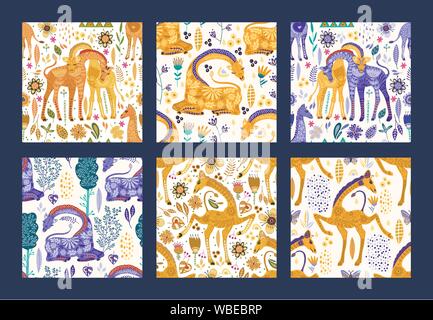 Set vettoriale senza cuciture patten con graziose giraffe ornate disegnate a mano in stile scandinavo. Africa animale fondo raccolta. Estate safari moda piatta blu e giallo giraffe illustrazioni. Illustrazione Vettoriale