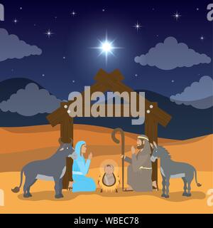 Celebrazione Merry Christmas manger design piatto Illustrazione Vettoriale