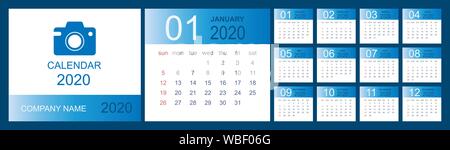 Il calendario 2020. Escursioni calendario modello. Set di dodici mesi, planner, settimana comincia la domenica. Illustrazione Vettoriale Illustrazione Vettoriale