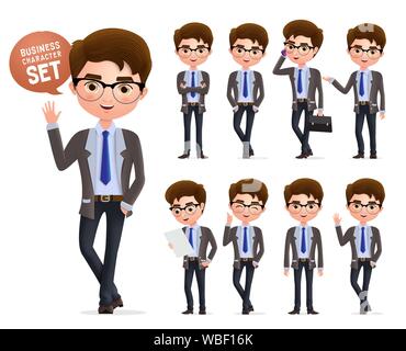 Business man vector set di caratteri. Maschio caratteri business happy standing, parlando e rinuncia a mano e in diversi pongono isolato in bianco. Illustrazione Vettoriale