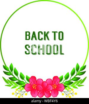 Scritte di banner torna a scuola, con carta da parati di foglia verde cornice di fiori. Vettore Illustrazione Vettoriale