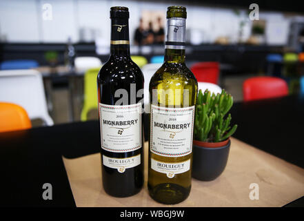 Pechino, Cina. 26 Ago, 2019. Foto scattata su agosto 26, 2019 mostra due bottiglie di vino francese al vertice del G7 premere centro di Biarritz, Francia. Credito: Gao Jing/Xinhua/Alamy Live News Foto Stock