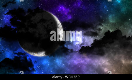 Chiaro di Luna dietro le nuvole scure sul cielo colorato con le stelle nella notte Foto Stock