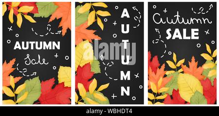 Set di 3 Autunno vendita poster con foglie che cadono e scuro dello sfondo. Vettore sfondo piatto. Illustrazione Vettoriale