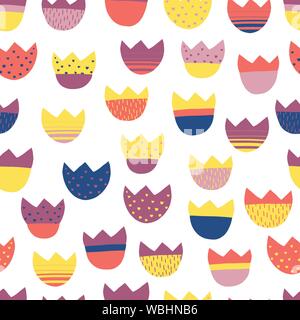Bambini floreale astratta vettore seamless pattern in stile scandinavo. Tulip colorati fiori sullo sfondo di ripetizione piatta taglio carta giallo, viola, blu, rosso Illustrazione Vettoriale