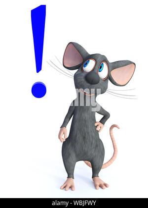 3D rendering di un simpatico cartoon sorridente mouse guardando un big blue il punto esclamativo accanto a lui. Sfondo bianco. Foto Stock