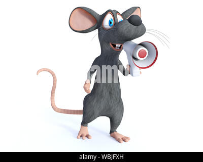 3D rendering di un simpatico cartoon sorridente mouse tenendo premuto e parlare in un megafono, annunciare qualcosa di importante. Sfondo bianco. Foto Stock