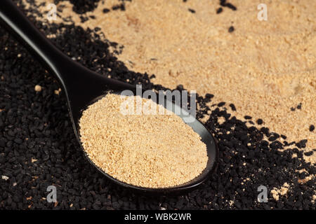 Lo zenzero in polvere in cucchiaio su nero semi di cumino sfondo. nigella sativa o kalonji Foto Stock