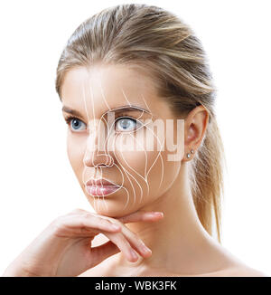 Le linee di immagine che mostra il sollevamento del viso effetto sulla pelle. Isolato su sfondo bianco. Foto Stock