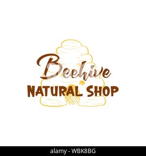 Schizzi di miele Logo, Bee Hive, miele Jar, canna, Pot, cucchiaio e fiore disegnato a mano i prodotti organici per il logotipo. Profilo isolato template vettoriale per l identità del marchio con caratteri. Illustrazione Vettoriale