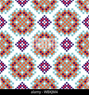 Forme di rosette folk seamless modello di vettore di pixel texture. Illustrazione Vettoriale