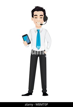 Azienda giovane uomo che indossa la cuffia e tenendo lo smartphone. Bello imprenditore personaggio dei fumetti. Illustrazione Vettoriale su sfondo bianco Illustrazione Vettoriale