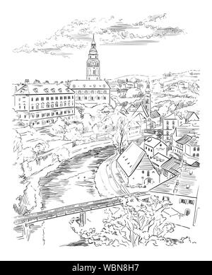 Vettore di disegno a mano illustrazione del paesaggio urbano panoramica di Cesky Krumlov. Vista aerea su tetti, il castello e il fiume. Punto di riferimento della Repubblica ceca. Vettore i Illustrazione Vettoriale