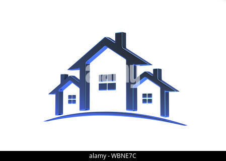 Immobiliare Case isometrica, Logo Design colore blu. 3D Rendering immagine Foto Stock